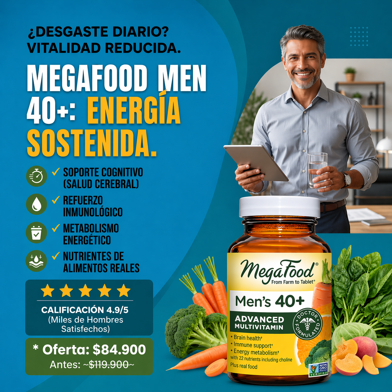 MegaFood Multi for Men 40+ | Vitalidad y Rendimiento Masculino