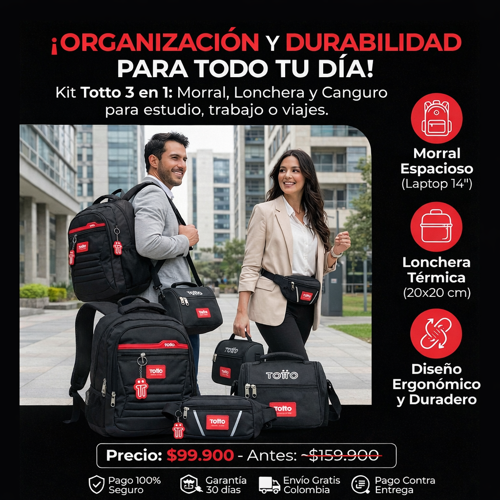 Trío maletines Totto | Morral, lonchera y canguro + llavero extraíble multiuso.