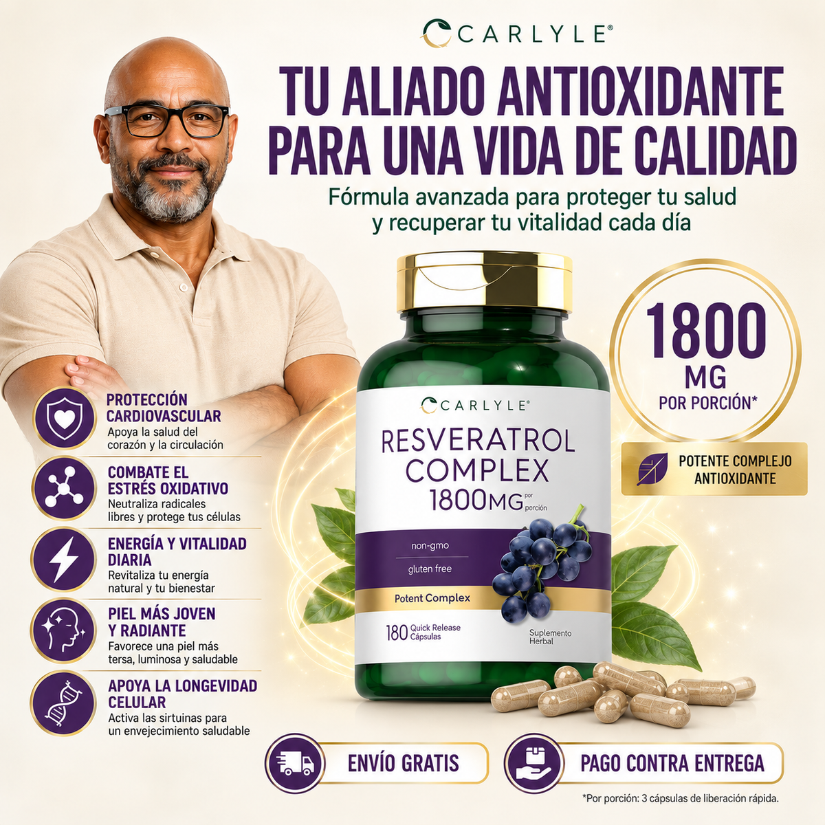 Complejo de Resveratrol 1800 mg | Máxima Protección Antioxidante y Longevidad Celular